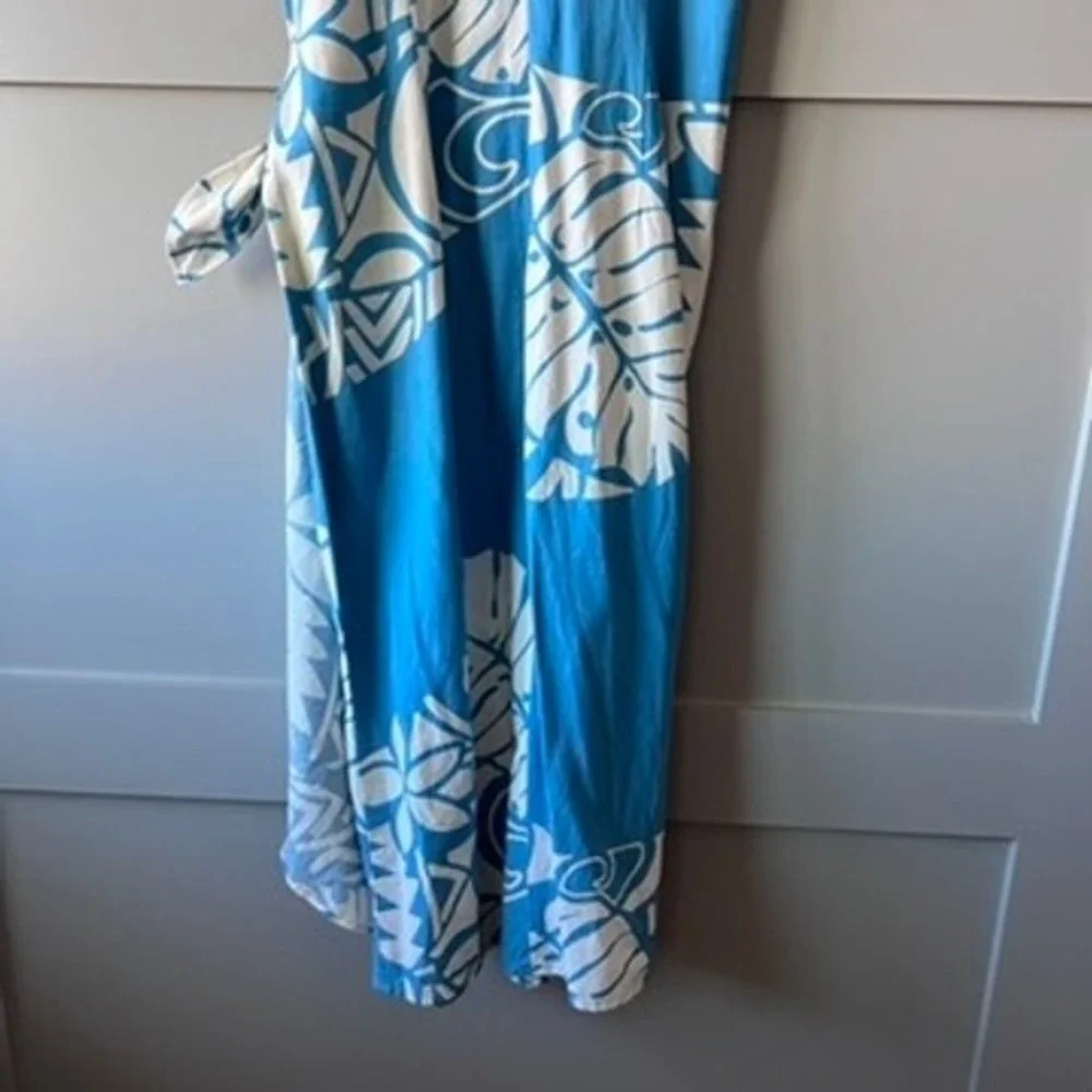 Hawaiian Blue Tropical Floral Midi Dress Sz M Wrap Tie Short Sleeve Beach Resort